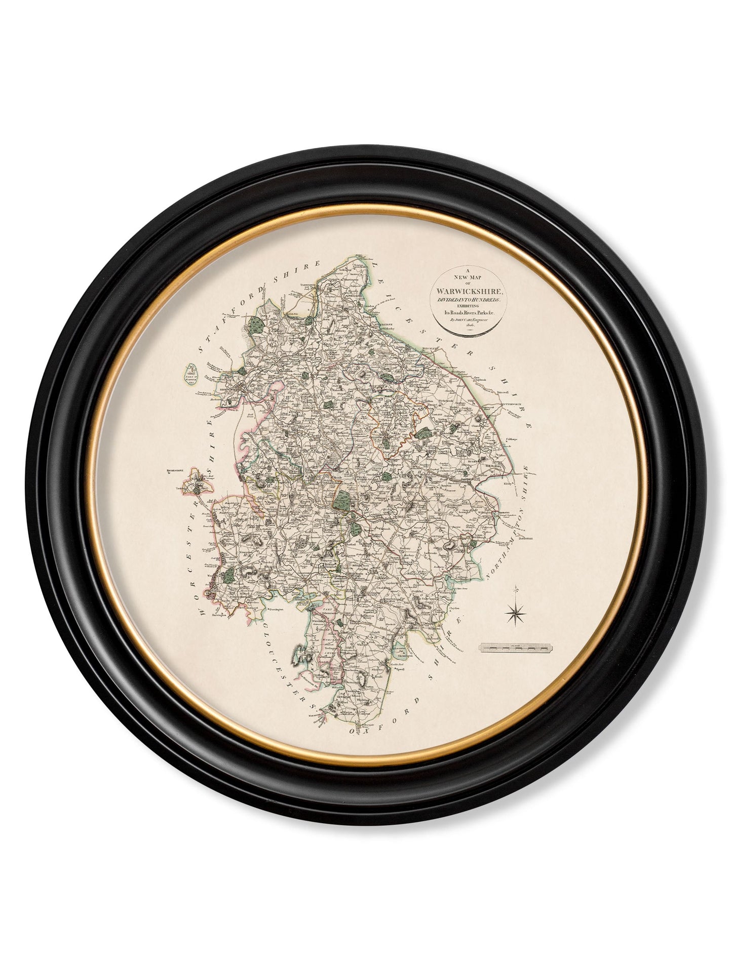 of c 1806 county maps of england round in size 70 x 70cm - glass-fronted framed wall art print with solid wood frame, luxury wall art for sophisticated spaces