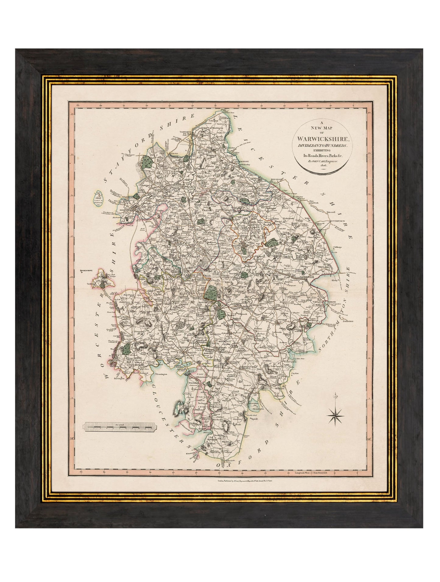 c 1806 county maps of england in size 84 x 70cm - glass-fronted framed wall art print with solid wood frame, luxury wall art for sophisticated spaces