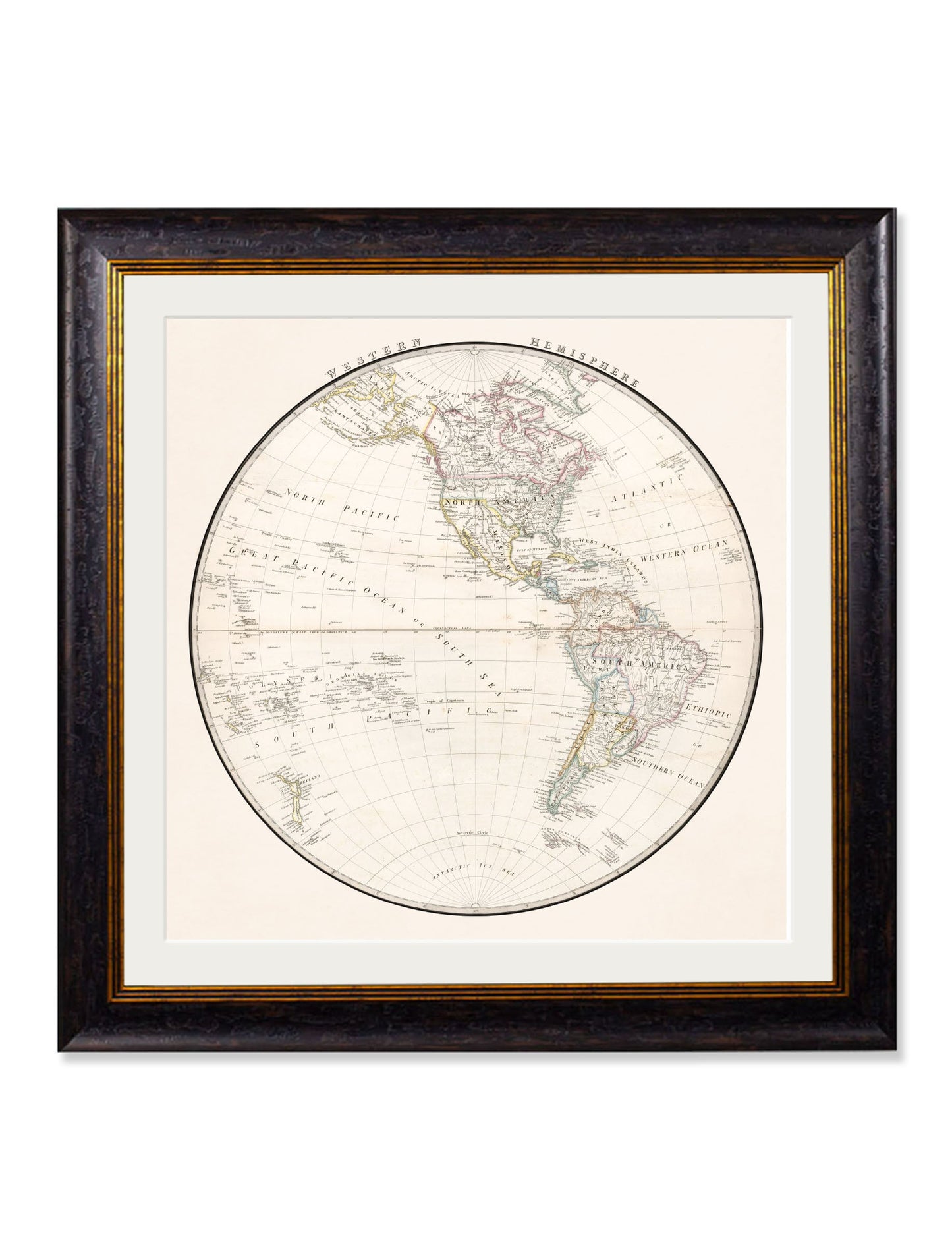 c 1838 world map hemispheres in size 96 x 96cm - glass-fronted framed wall art print with solid wood frame, a beautiful addition to stylish homes
