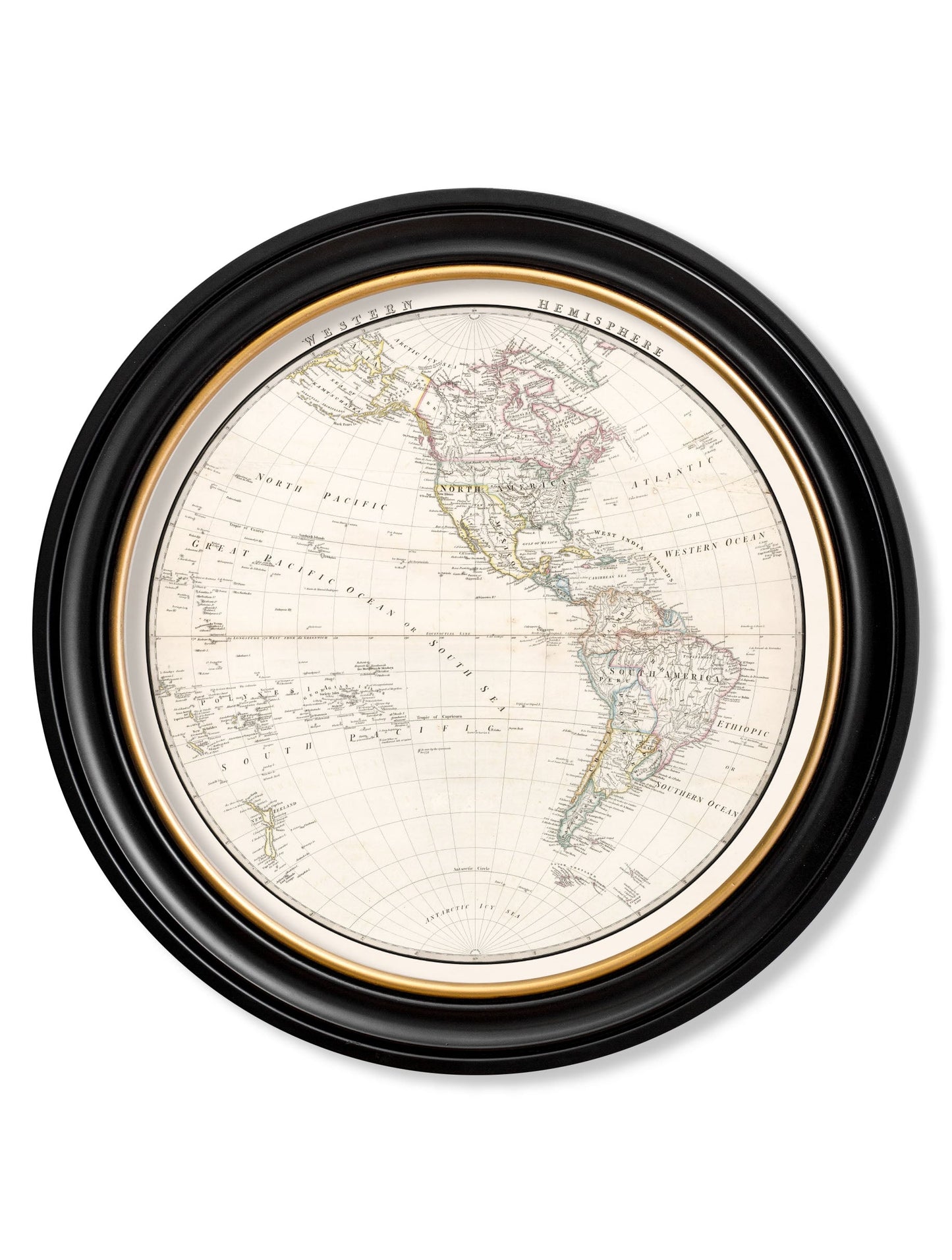 c 1809 world map hemispheres in round frames in size 44 x44cm - glass-fronted framed wall art print with solid wood frame, perfect for luxury home decor
