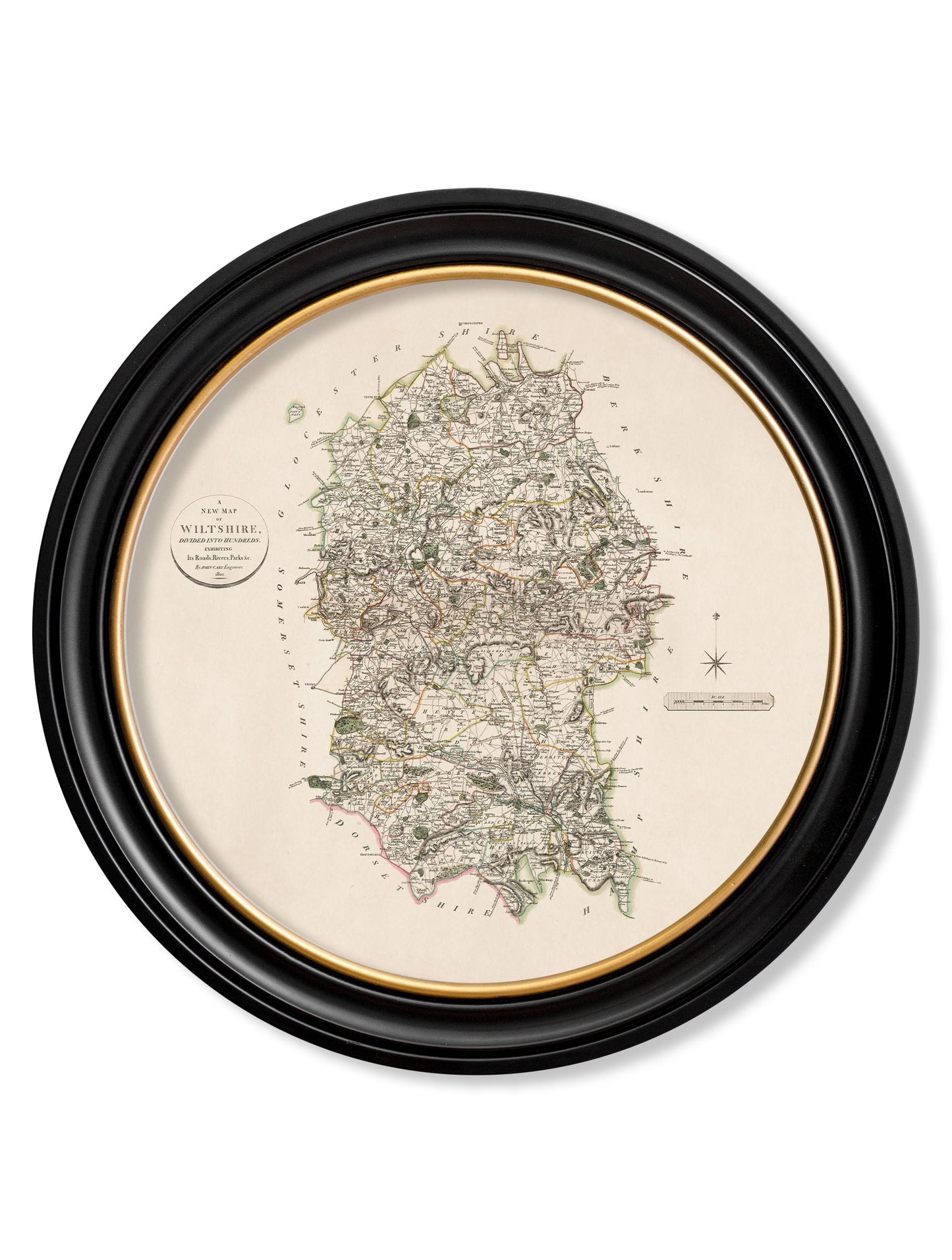 of c 1806 county maps of england round in size 96 x 96cm - glass-fronted framed wall art print with solid wood frame, perfect for statement wall decor