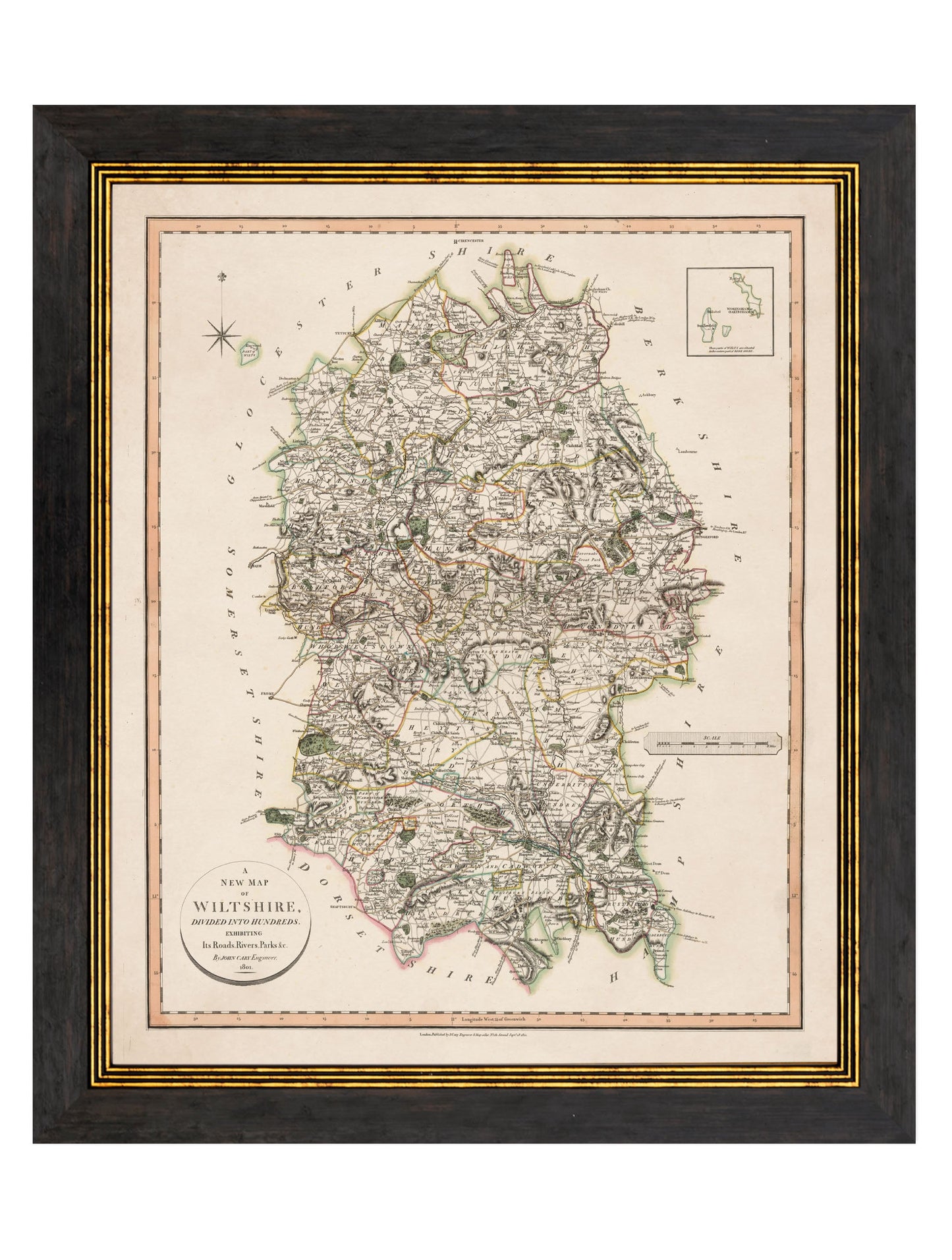 c 1806 county maps of england in size 84 x 70cm - glass-fronted framed wall art print with solid wood frame, luxury wall art for sophisticated spaces