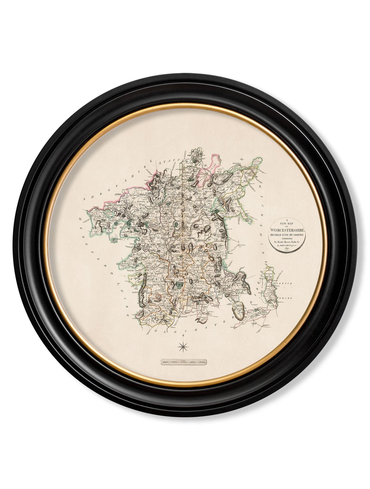 of c 1806 county maps of england round in size 96 x 96cm - glass-fronted framed wall art print with solid wood frame, perfect for statement wall decor
