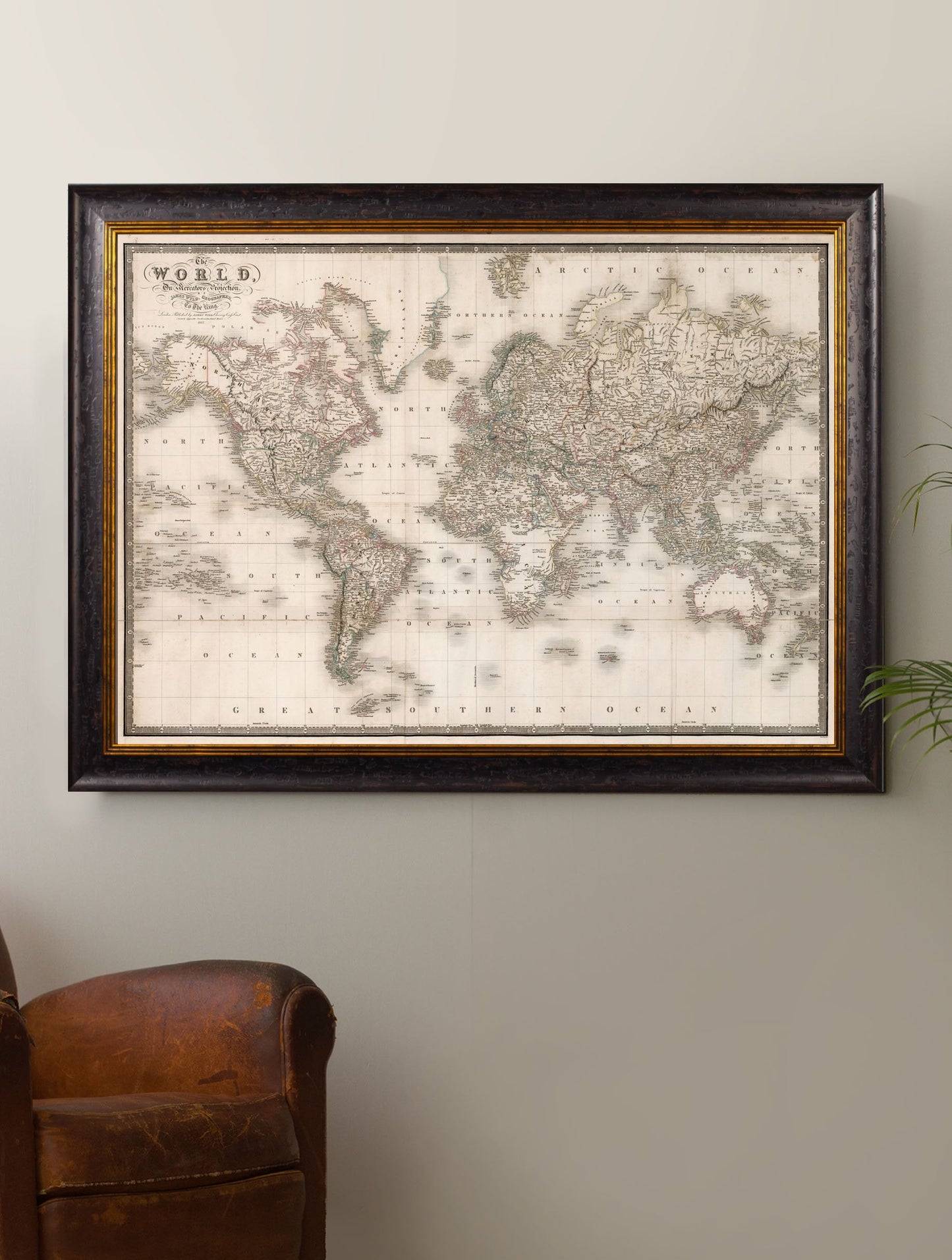 c 1838 map of the world framed print in size 95 x 130cm - glass-fronted framed wall art print with solid wood frame, adds elegance to your decor