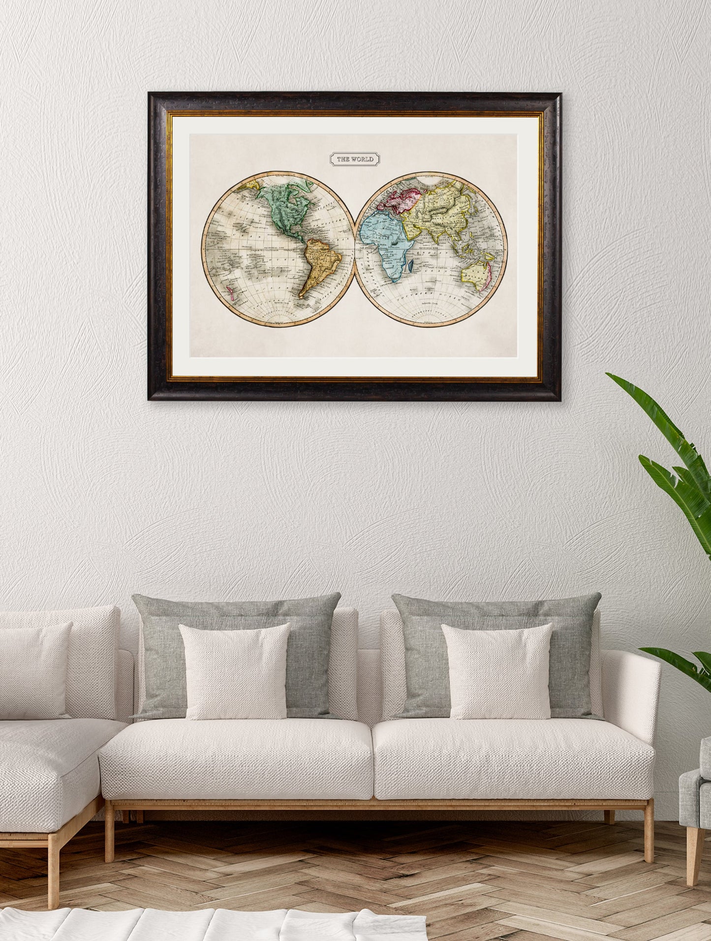 c 1800s map of the world in size 70 x 95cm - glass-fronted framed wall art print with solid wood frame, designed for high-end interior design