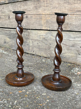 Load image into Gallery viewer, Pair of Oak Barley Twist 1930s Candle Sticks
