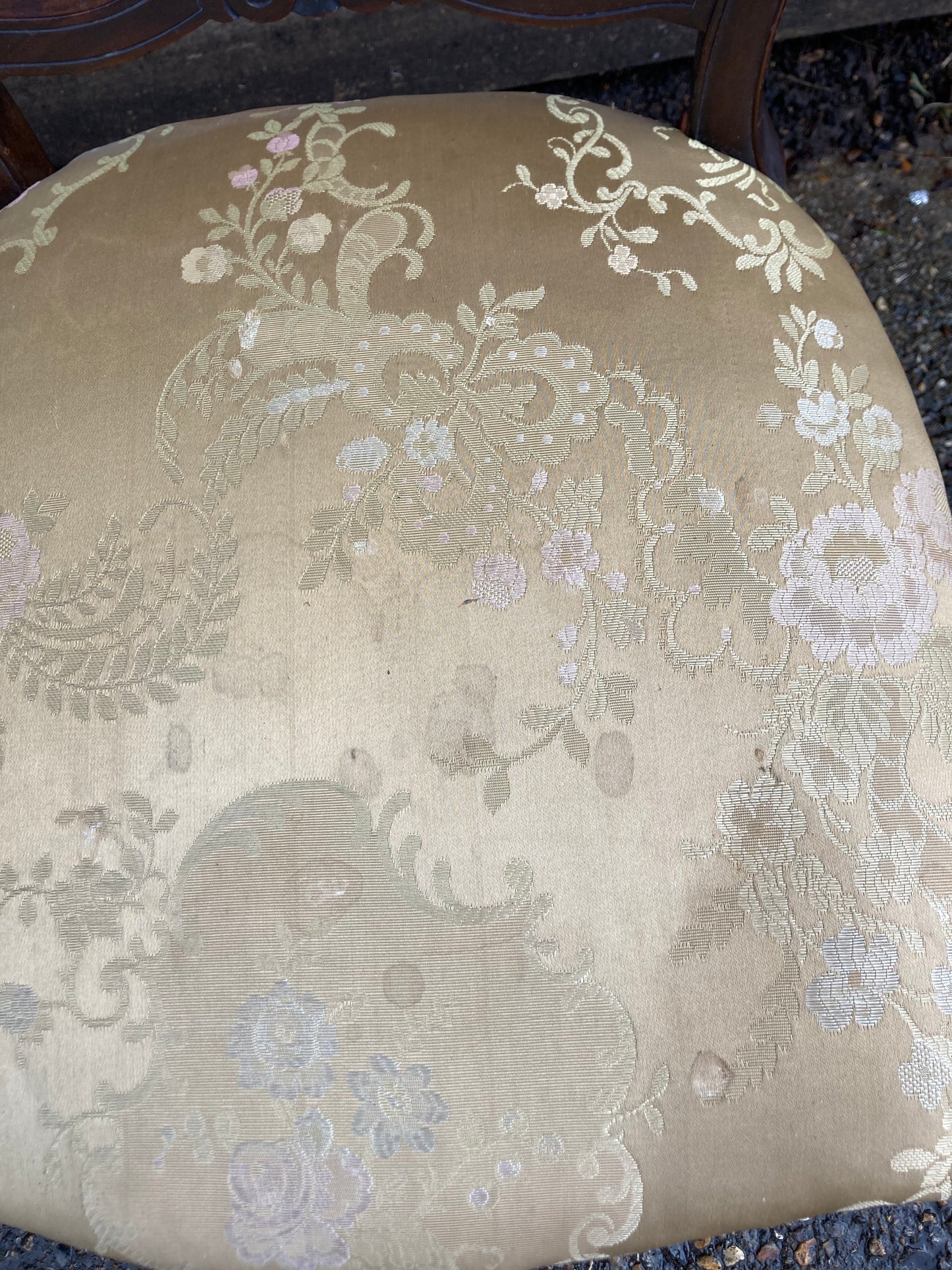 Antique Pair Of Mahogany Gold Upholstered Bedroom Chairs On Castors