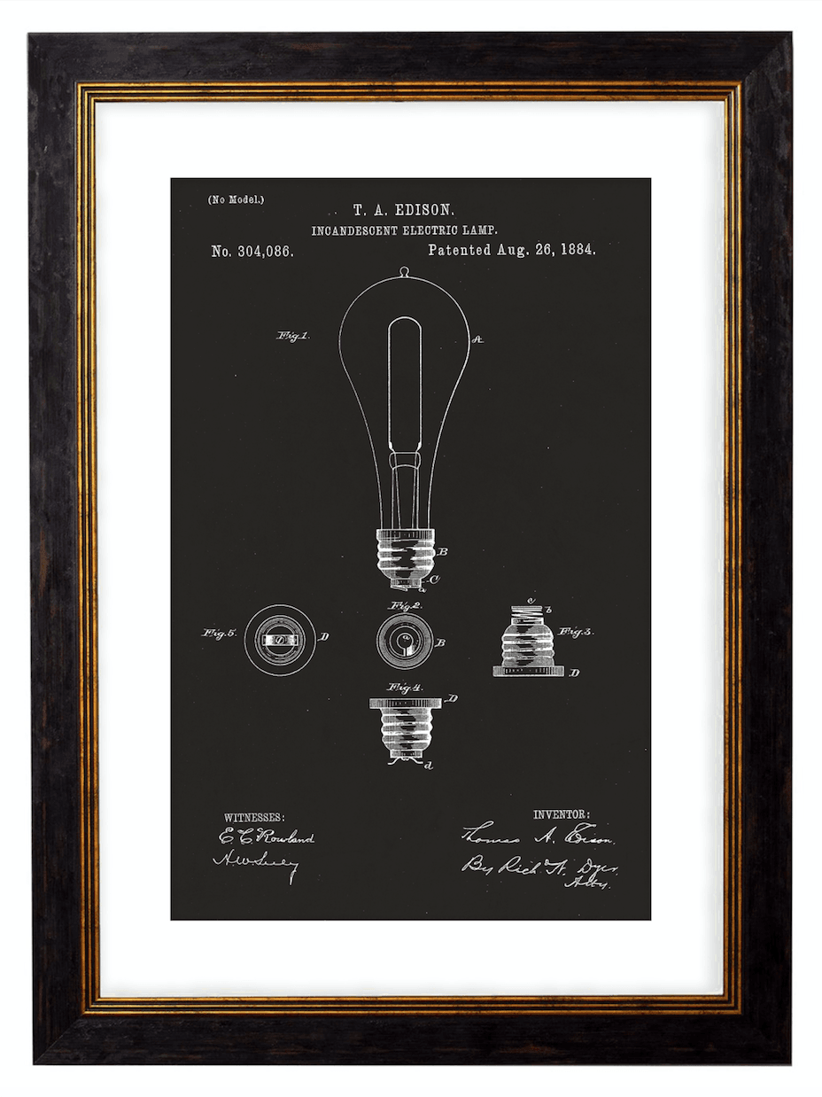 Victorian Edison Lightbulb Patent Design, Print of Vintage Illustrated Lightbulb Blueprint - 1900s Artwork Print. Framed Wall Art PictureVintage Frog T/APictures & Prints