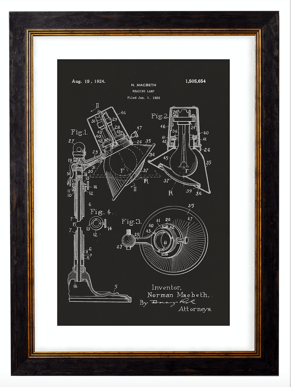 Victorian Reading Lamp Patent Design, Print of Vintage Illustrated Lamp Blueprint - 1900s Artwork Print. Framed Wall Art PictureVintage Frog T/APictures & Prints