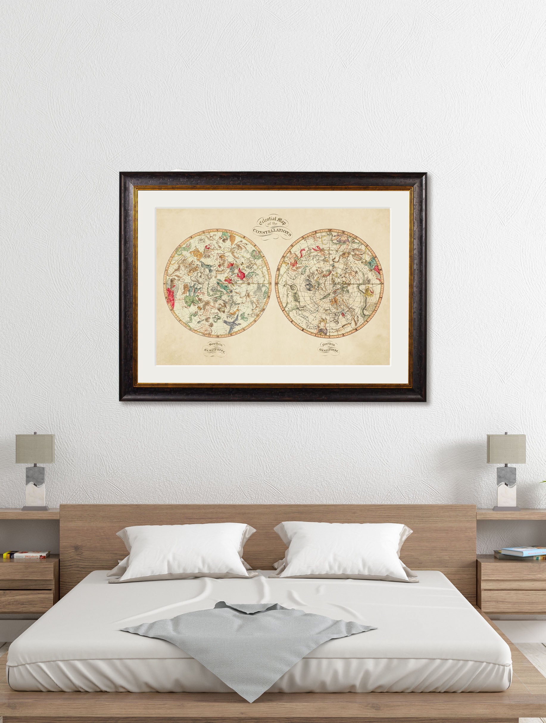 c 1820 map of the constellations in size 50 x 70cm - glass-fronted framed wall art print with solid wood frame, perfect for luxury home decor