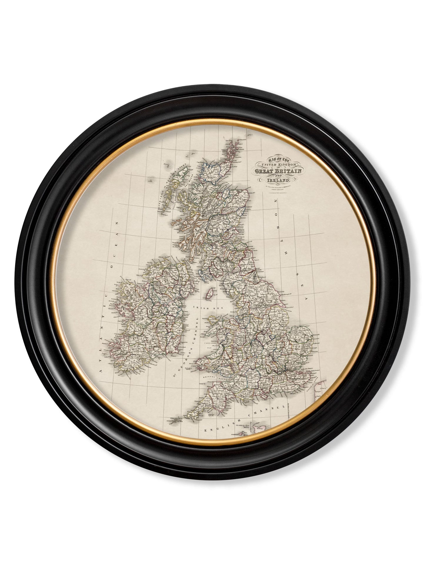 c.1838 Map of Great Britain - Round Frame in size 70 x 70cm - glass-fronted framed wall art print with solid wood frame, luxury wall art for sophisticated spaces