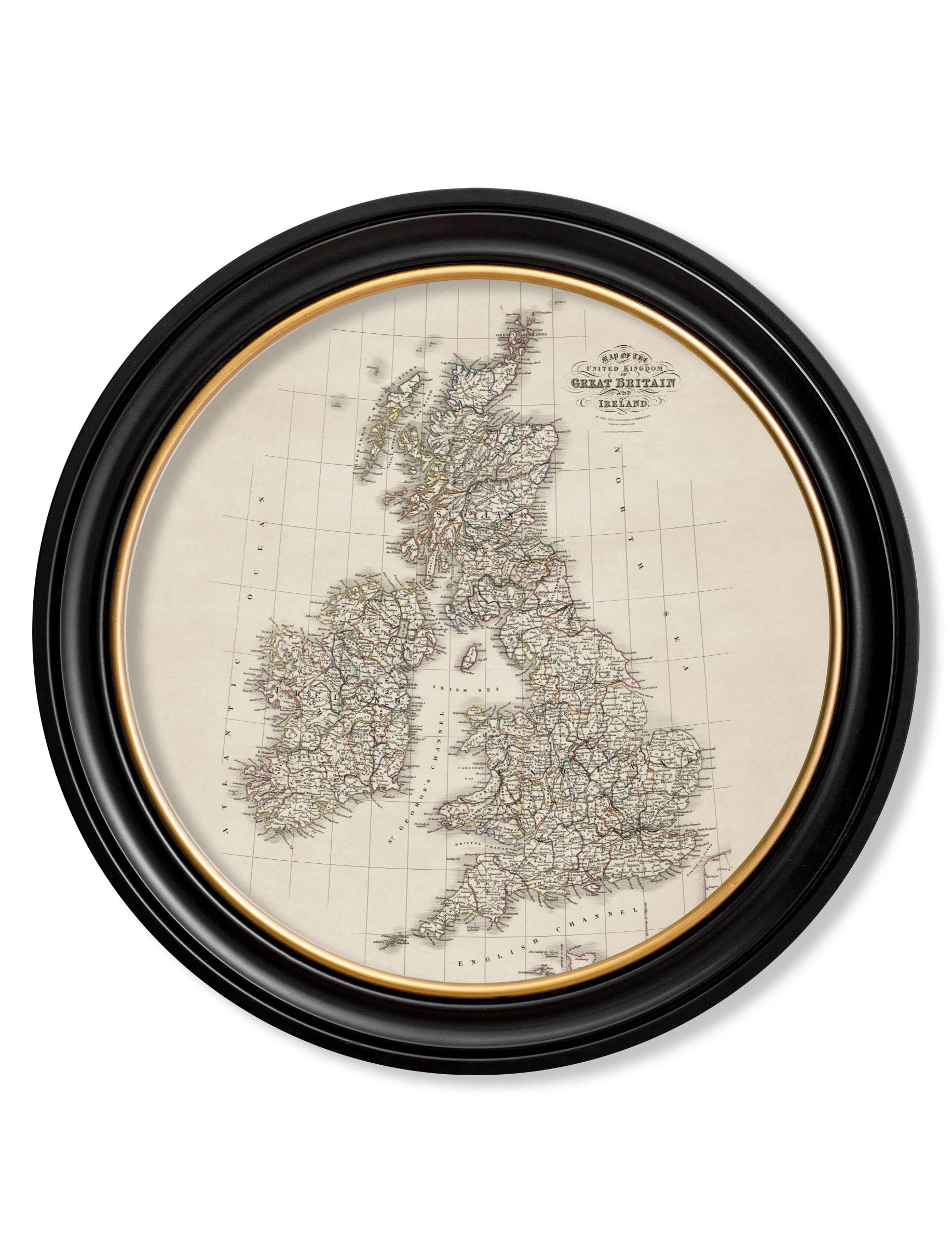 c.1838 Map of Great Britain - Round Frame in size 70 x 70cm - glass-fronted framed wall art print with solid wood frame, luxury wall art for sophisticated spaces