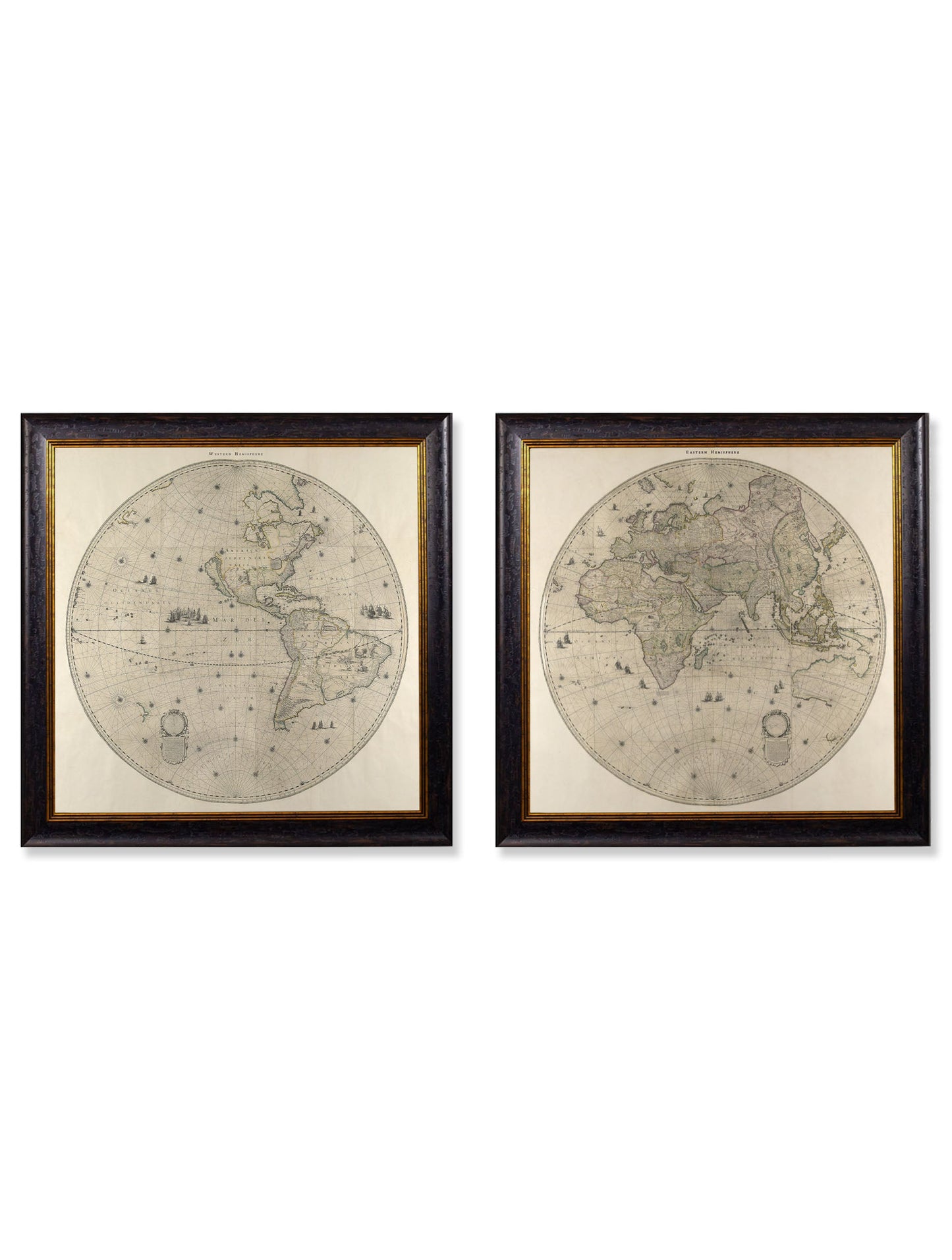 c.1660 Map of the World in Two Hemispheres in size 70 x 70cm - glass-fronted framed wall art print with solid wood frame, designed for high-end interior design