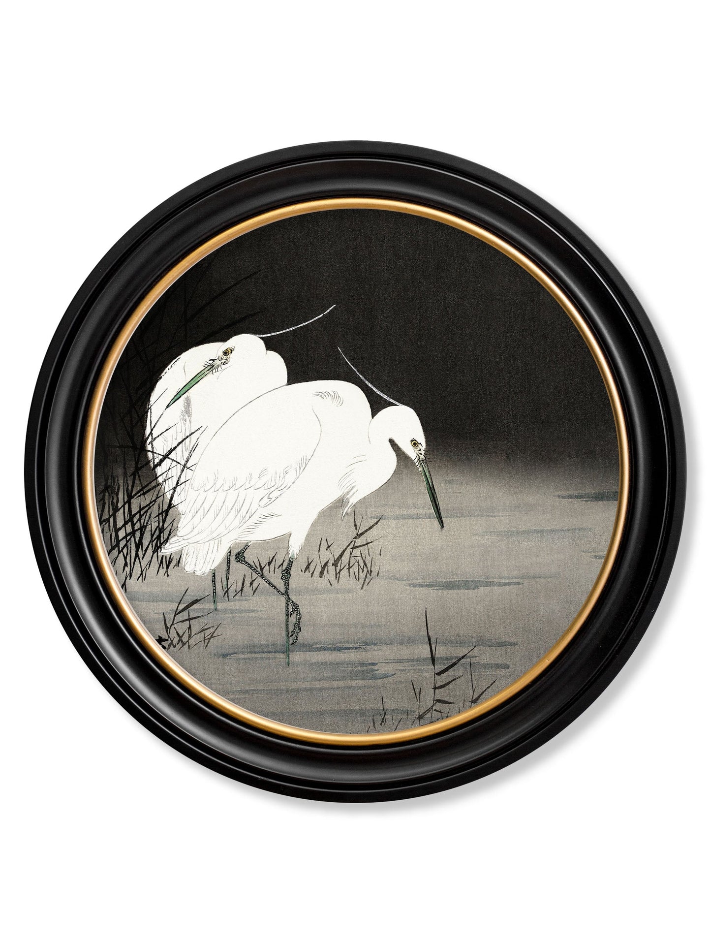 c.1910 Two Egrets in Reeds - Ohara Koson - Round in size 44 x 44cm - glass-fronted framed wall art print with solid wood frame, ideal for modern interiors