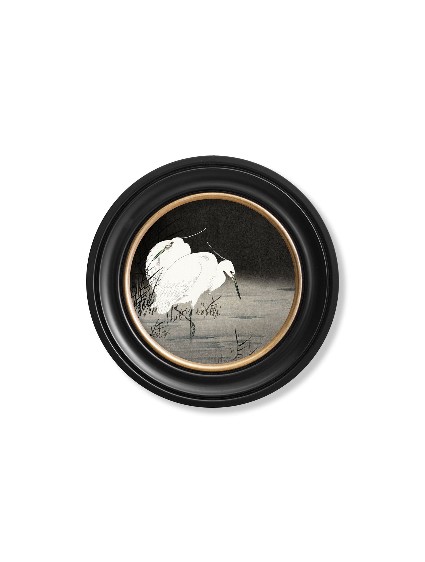 c 1910 two egrets in reeds ohara koson round in size 96 x 96cm - glass-fronted framed wall art print with solid wood frame, ideal for contemporary home styling