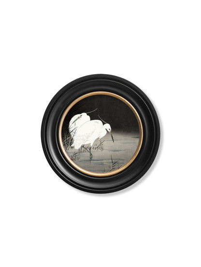 c 1910 two egrets in reeds ohara koson round in size 96 x 96cm - glass-fronted framed wall art print with solid wood frame, ideal for contemporary home styling