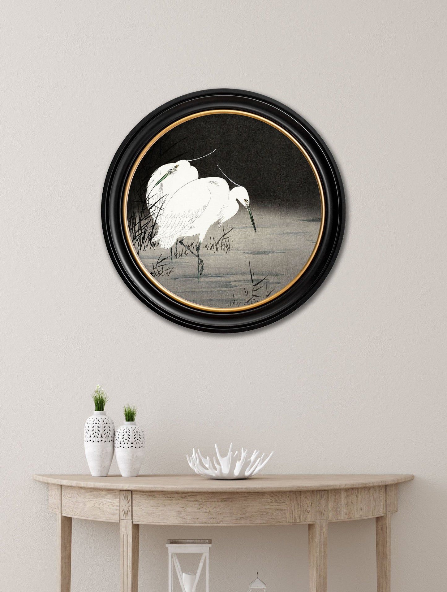 c 1910 two egrets in reeds ohara koson round in size 70 x 70cm - glass-fronted framed wall art print with solid wood frame, perfect for statement wall decor