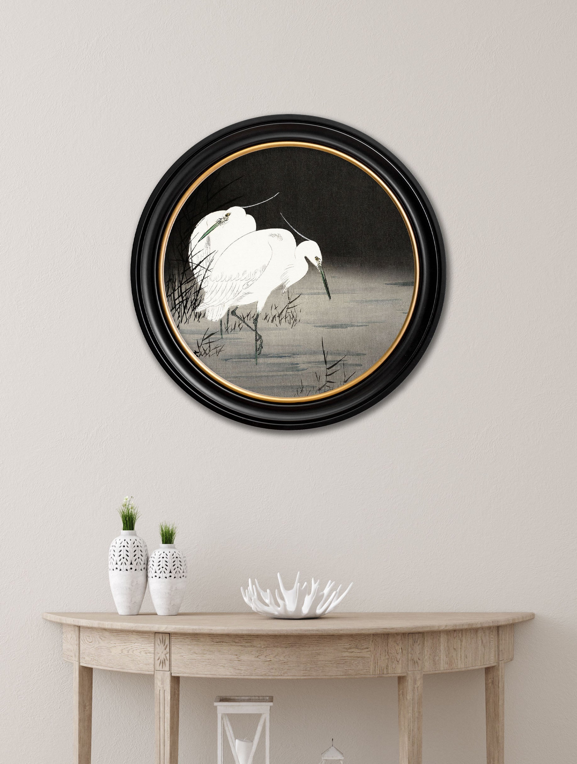 c 1910 two egrets in reeds ohara koson round in size 70 x 70cm - glass-fronted framed wall art print with solid wood frame, perfect for statement wall decor