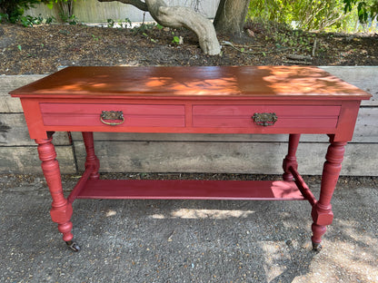 Antique Red Painted Console Table Two Drawers On Castors