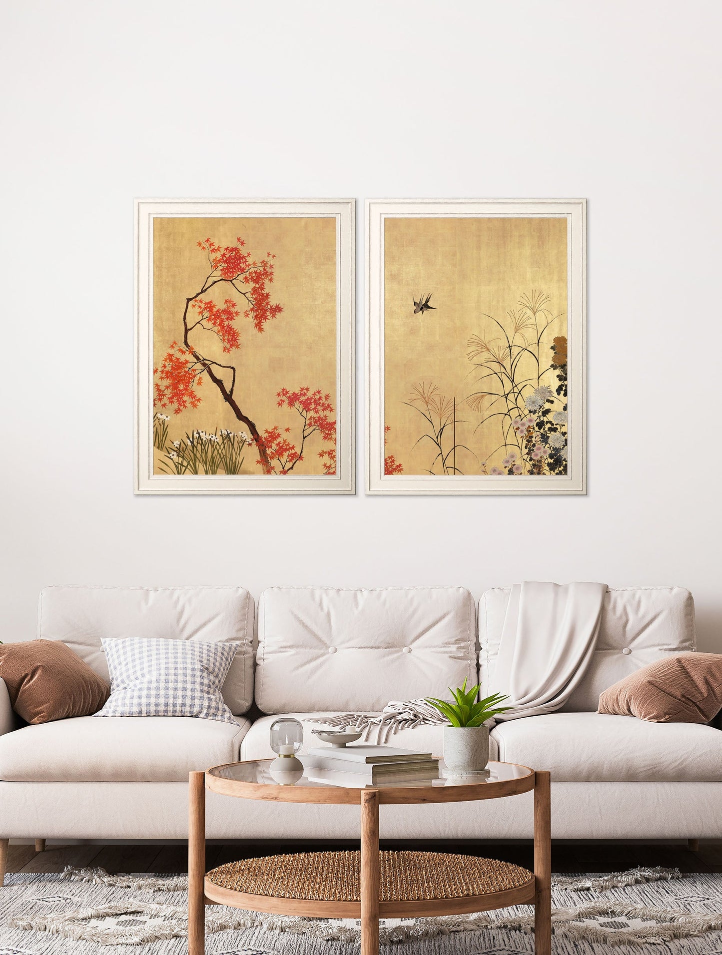japanese blossom shibata zeshine set of 2 prints in size 70 x 95cm - glass-fronted framed wall art print with solid wood frame, luxury wall art for sophisticated spaces