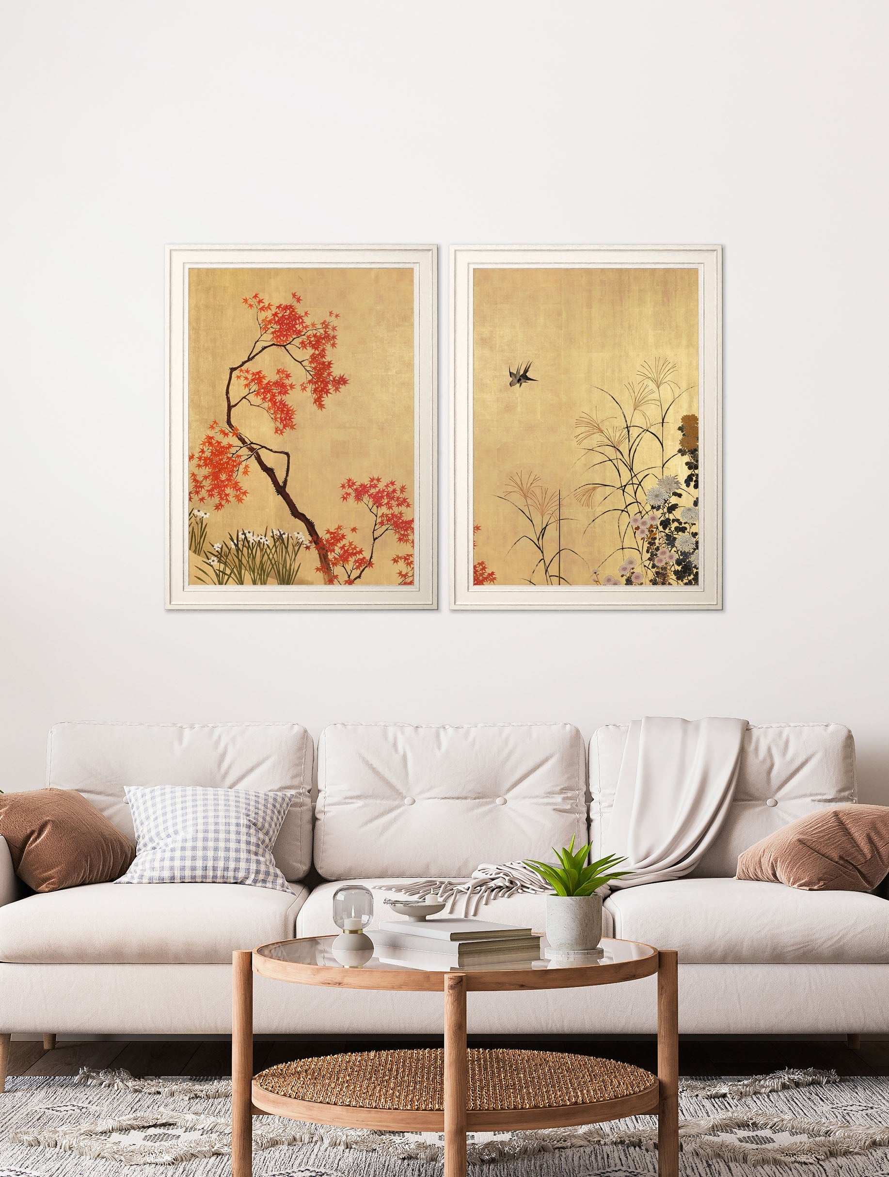 japanese blossom shibata zeshine set of 2 prints in size 70 x 95cm - glass-fronted framed wall art print with solid wood frame, luxury wall art for sophisticated spaces