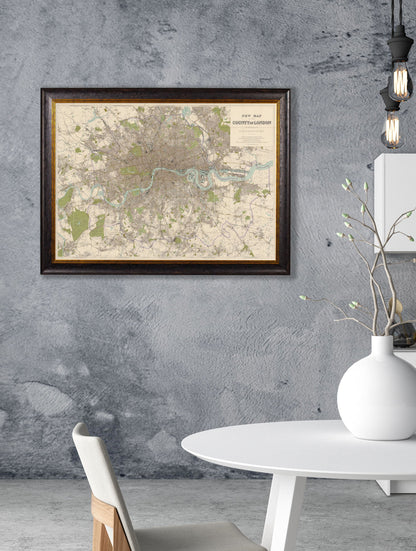 c 1905 county map of london in size 70 x 95cm - glass-fronted framed wall art print with solid wood frame, designed for high-end interior design