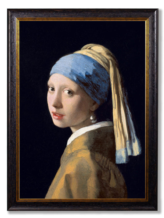 c.1665 Girl with a Pearl Earring J Vermeer in size 50 x 70cm - glass-fronted framed wall art print with solid wood frame, ideal for modern interiors