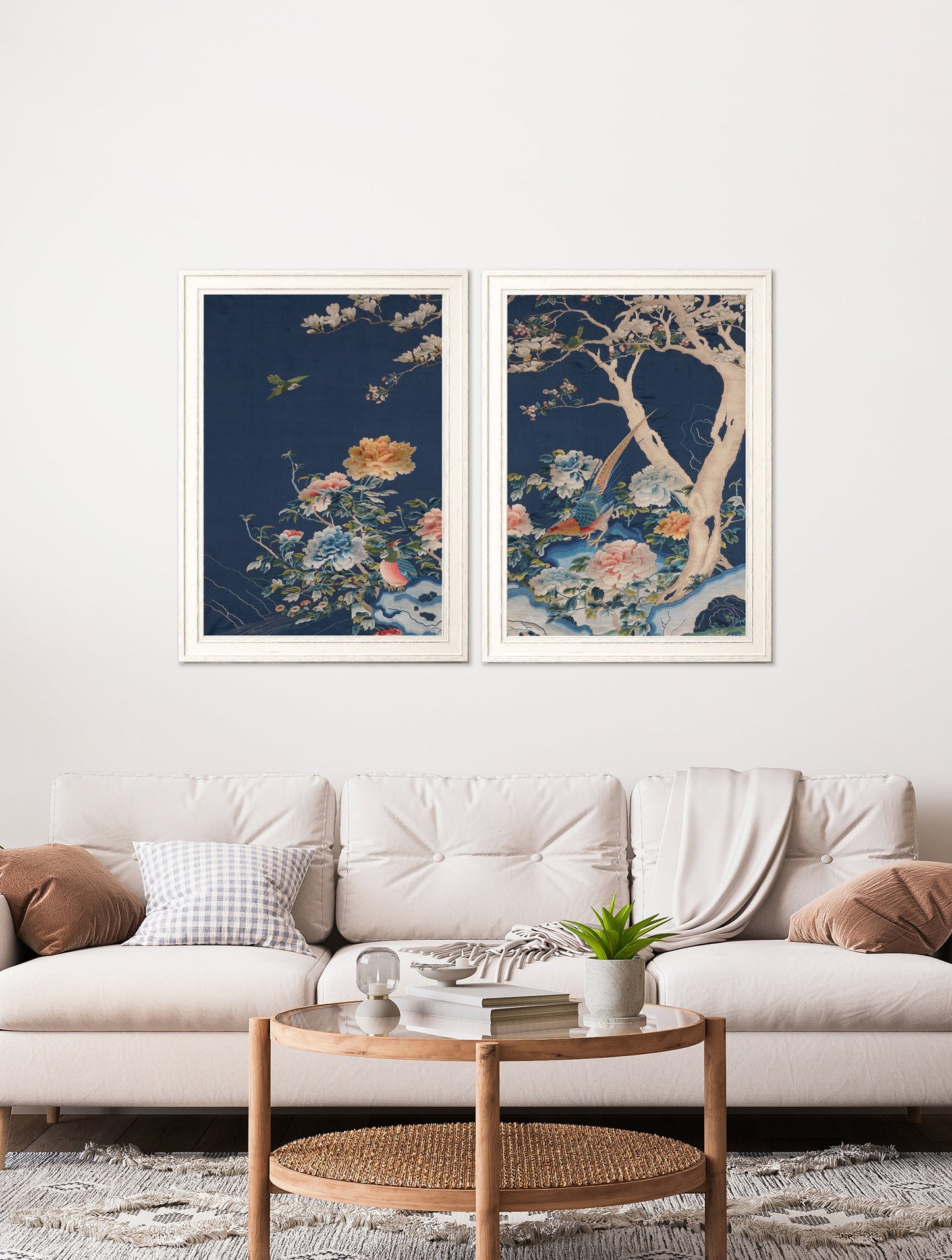 blue blossom trees set of 2 in size 70 x 95cm - glass-fronted framed wall art print with solid wood frame, ideal for contemporary home styling