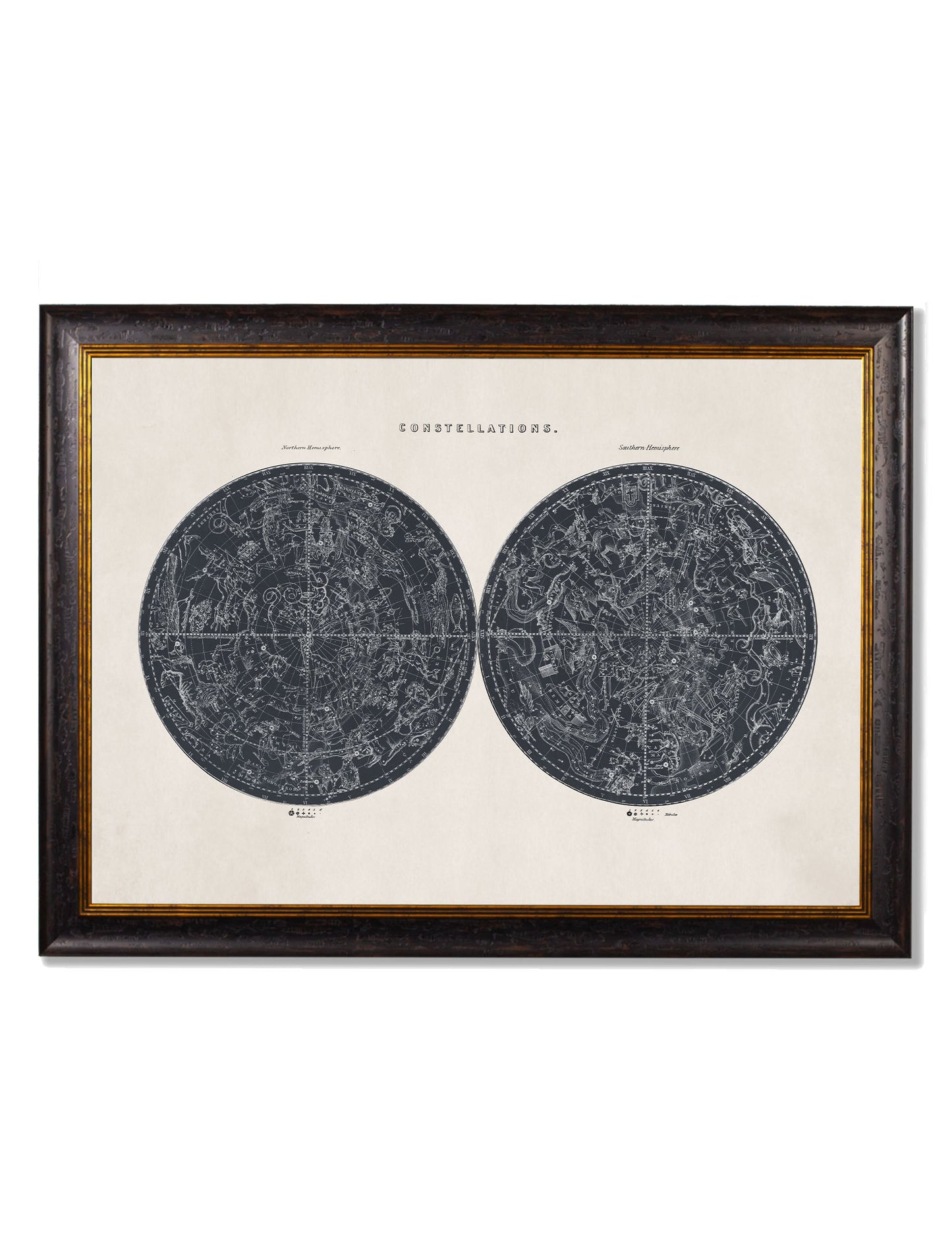 c 1800 map of the constellations in size 70 x 95cm - glass-fronted framed wall art print with solid wood frame, ideal for contemporary home styling