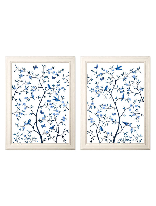 Tree of Life Blue & White Set of 2 in size 50 x 70cm - glass-fronted framed wall art print with solid wood frame, perfect for luxury home decor