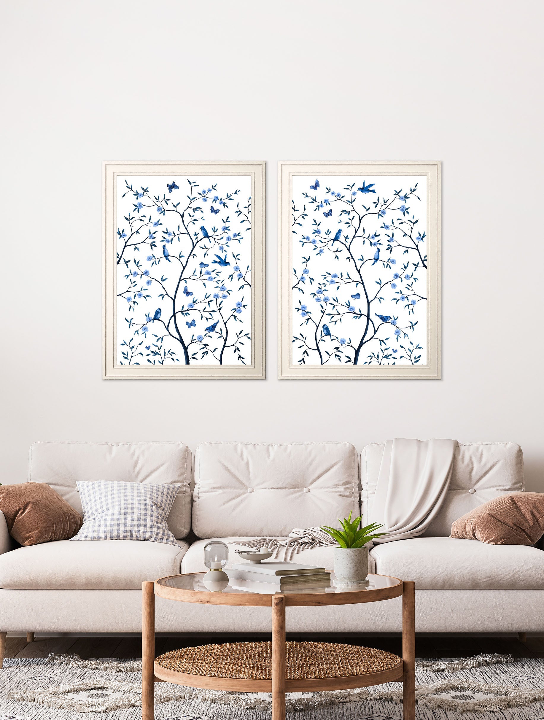 tree of life blue white set of 2 in size 70 x 95cm - glass-fronted framed wall art print with solid wood frame, perfect for statement wall decor