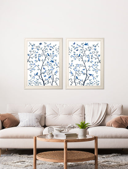 tree of life blue white set of 2 in size 70 x 95cm - glass-fronted framed wall art print with solid wood frame, perfect for statement wall decor