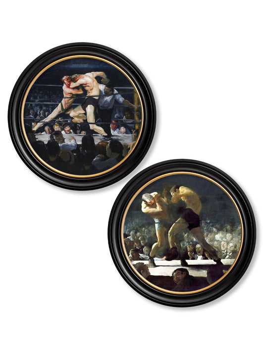 c.1900's George Bellows' Boxers - Round Frame in size 44 x 44cm - glass-fronted framed wall art print with solid wood frame, a beautiful addition to stylish homes