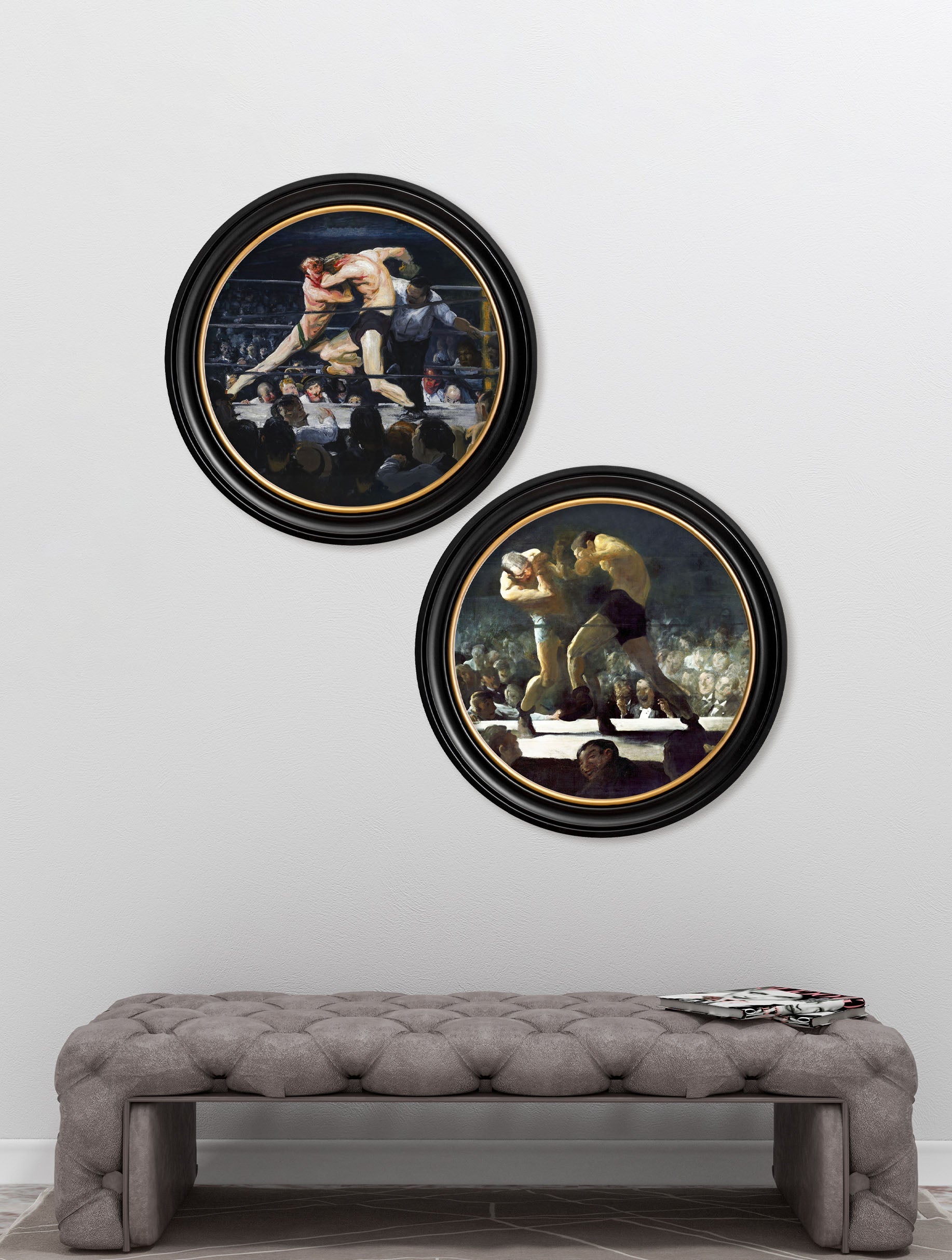 c 1900s george bellows boxers round frame in size 44 x 44cm - glass-fronted framed wall art print with solid wood frame, a beautiful addition to stylish homes