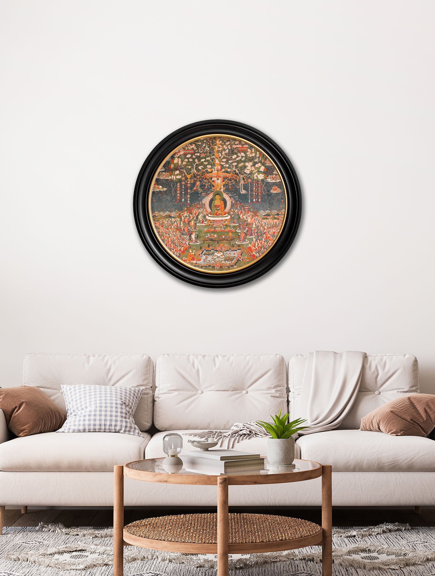 c 1700 buddha of the western pure land round in size 70 x 70cm - glass-fronted framed wall art print with solid wood frame, luxury wall art for sophisticated spaces