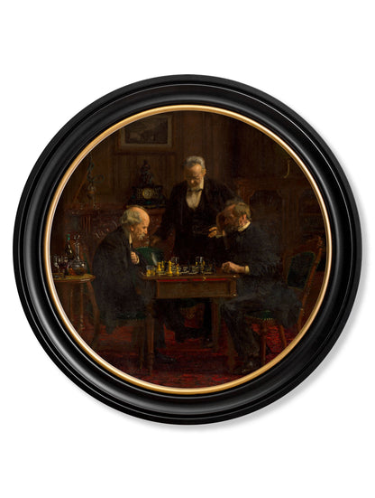 c.1876 The Chess Players - Thomas Eakins - Round Frame in size 44 x 44 cm - glass-fronted framed wall art print with solid wood frame, perfect for luxury home decor