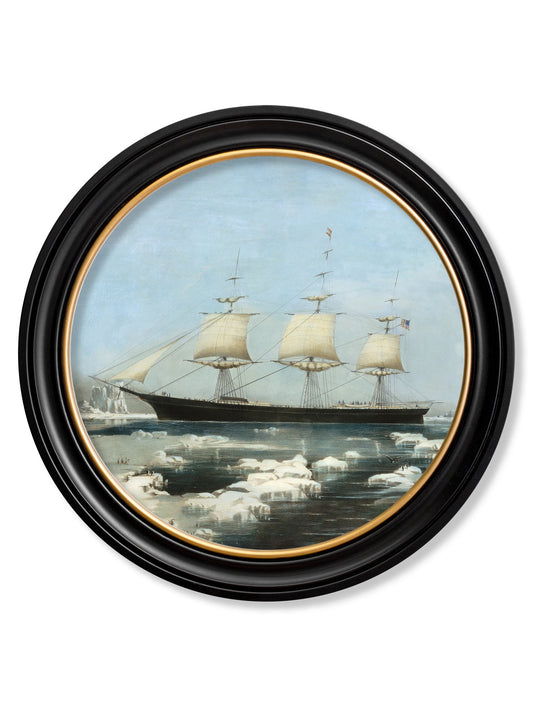 c.1854 Red Jacket Clipper - Round Frame in size 44 x 44cm - glass-fronted framed wall art print with solid wood frame, perfect for statement wall decor