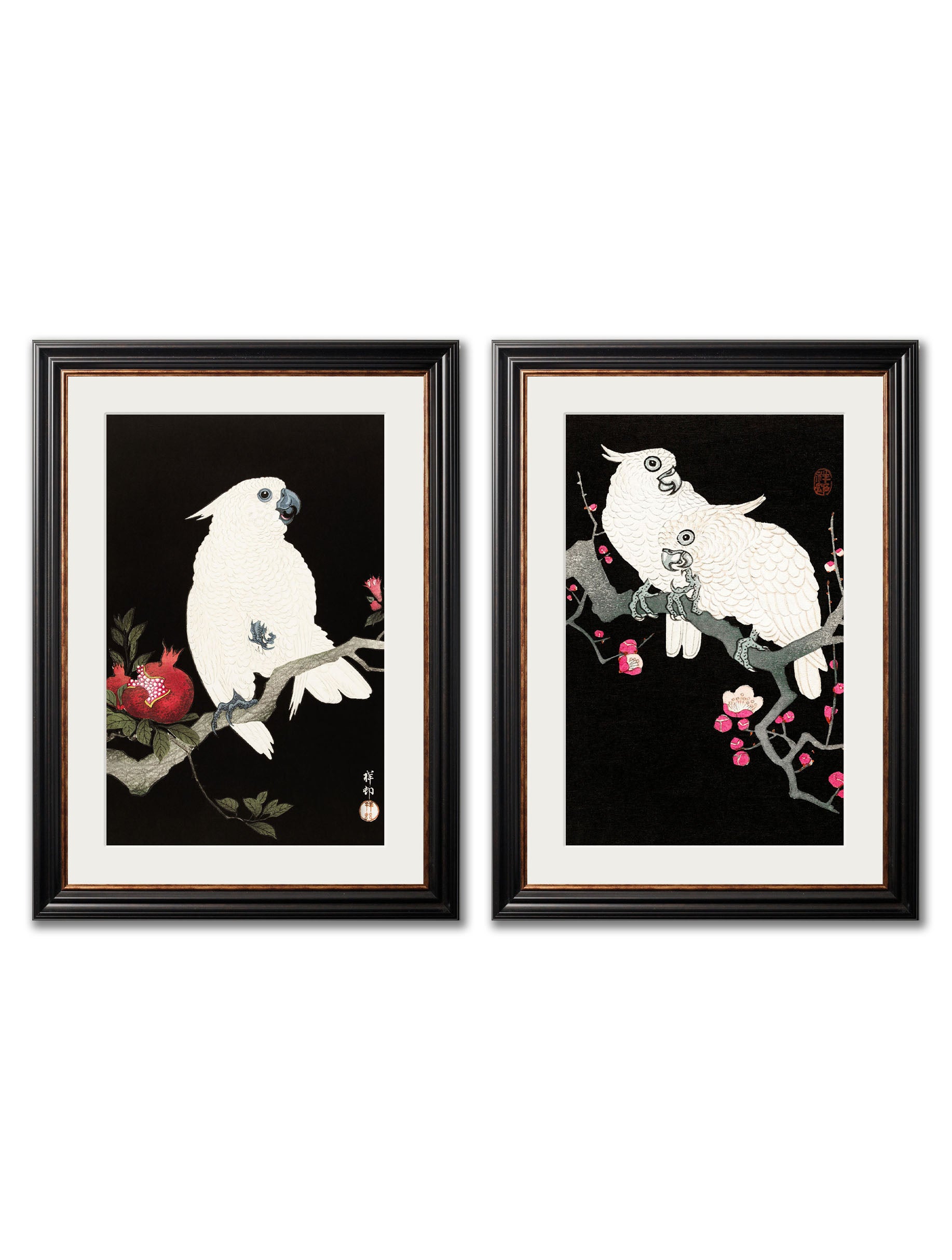 c.1910 Cockatoos - Ohara Koson in size 38 x 50cm - glass-fronted framed wall art print with solid wood frame, ideal for modern interiors