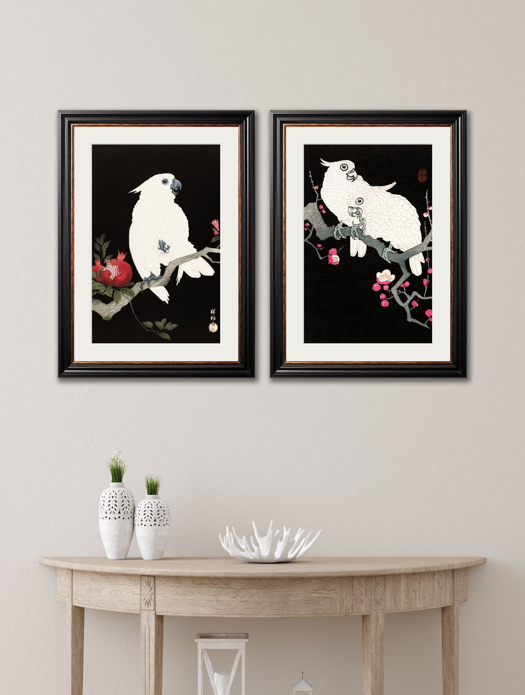 c 1910 cockatoos ohara koson in size 38 x 50cm - glass-fronted framed wall art print with solid wood frame, ideal for modern interiors