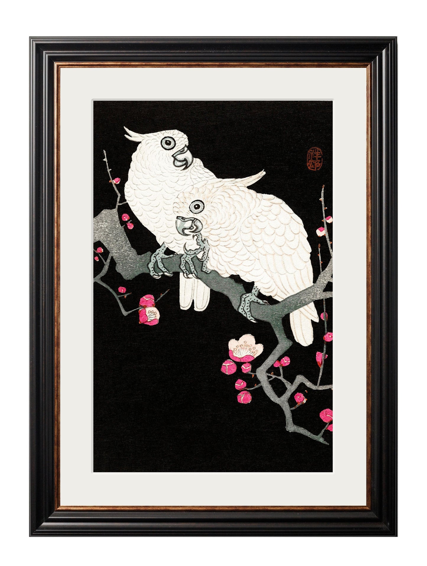 c 1910 cockatoos ohara koson in size 38 x 50cm - glass-fronted framed wall art print with solid wood frame, adds elegance to your decor