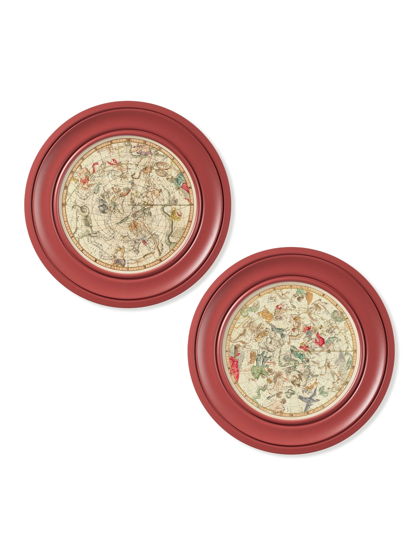 c 1820 map of constellations round frame red in size 44 x 44cm - glass-fronted framed wall art print with solid wood frame, perfect for statement wall decor