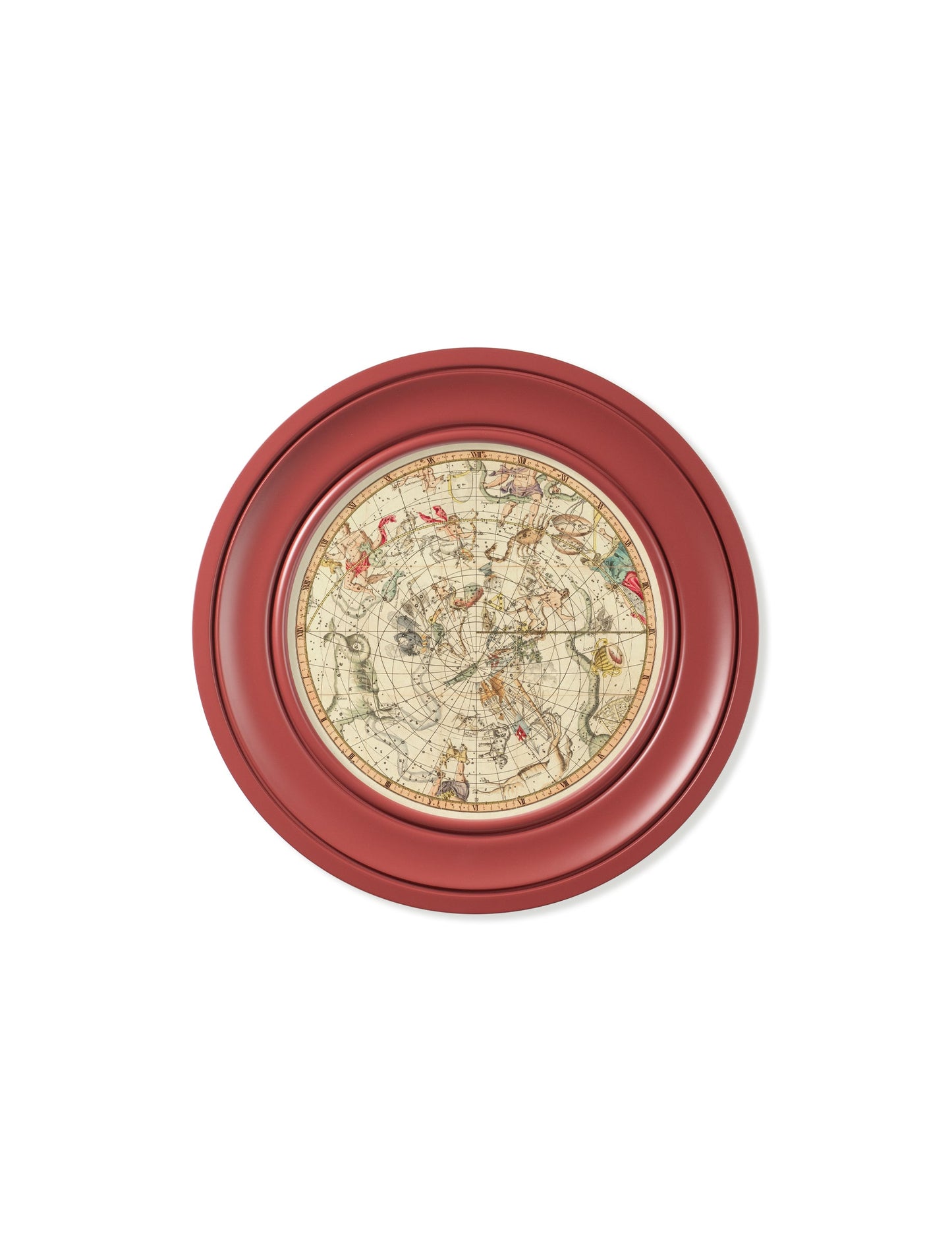 c 1820 map of constellations round frame red in size 44 x 44cm - glass-fronted framed wall art print with solid wood frame, ideal for modern interiors