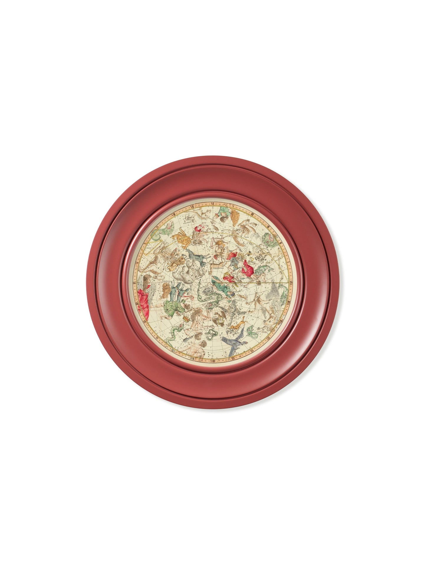 c 1820 map of constellations round frame red in size 70 x 70cm - glass-fronted framed wall art print with solid wood frame, perfect for luxury home decor