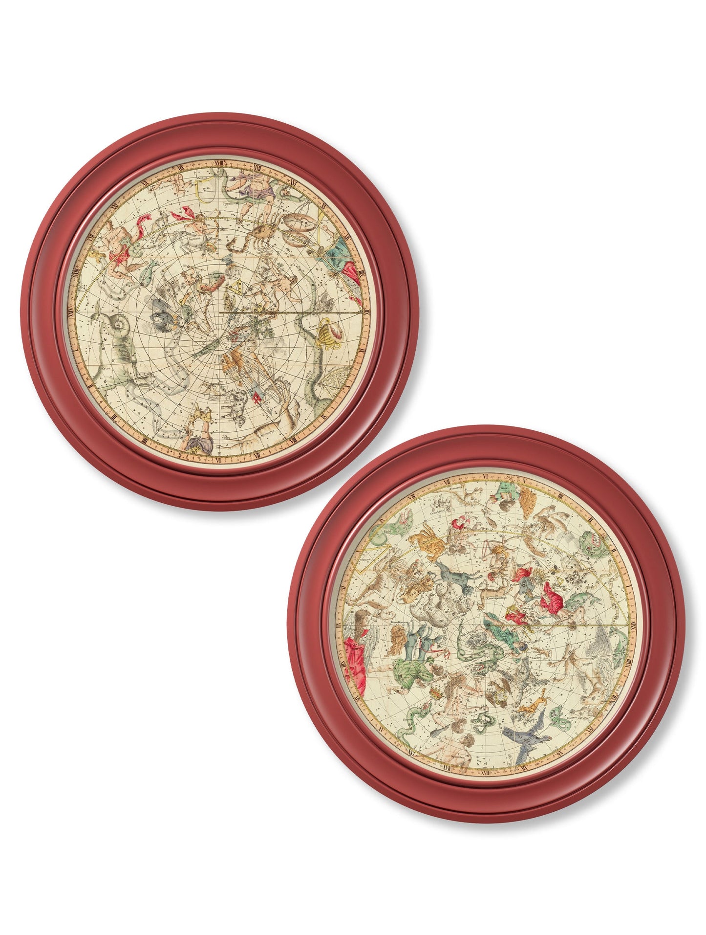 c.1820 Map of Constellations - Round Frame Red in size 44 x 44cm - glass-fronted framed wall art print with solid wood frame, perfect for luxury home decor