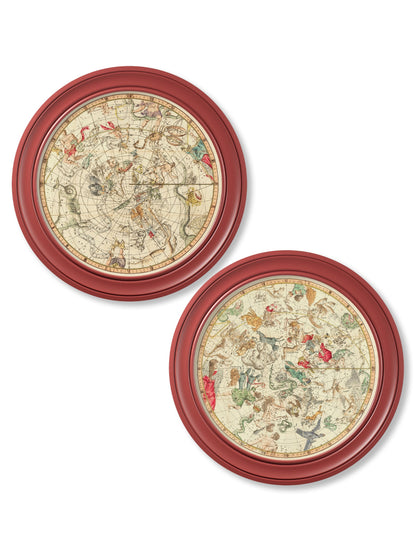 c.1820 Map of Constellations - Round Frame Red in size 44 x 44cm - glass-fronted framed wall art print with solid wood frame, perfect for luxury home decor