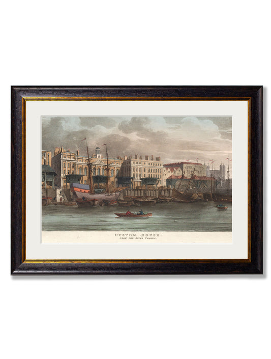 c.1808 Custom House from the River Thames in size 50 x 70cm - glass-fronted framed wall art print with solid wood frame, adds elegance to your decor