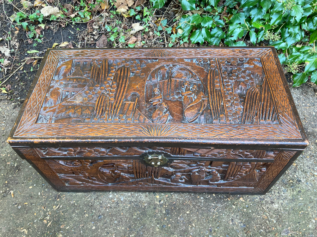 Vintage Oriental Chinese Camphor Wood Carved Chest