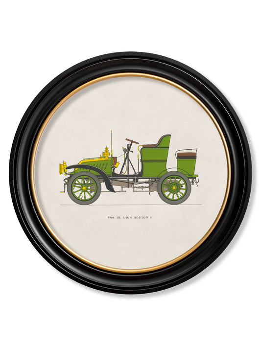 1904 De Dion Bouton 8 in Round Frame in size 44 x 44cm - glass-fronted framed wall art print with solid wood frame, ideal for modern interiors