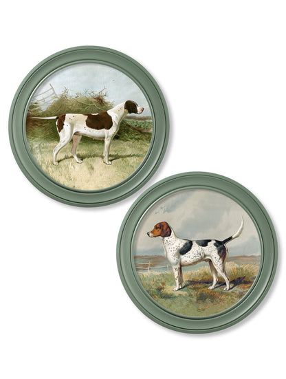 c.1881 Gun Dogs - Round Frame Green in size 44 x 44cm - glass-fronted framed wall art print with solid wood frame, a beautiful addition to stylish homes