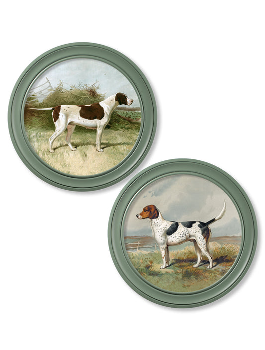 c.1881 Gun Dogs - Round Frame Green in size 44 x 44cm - glass-fronted framed wall art print with solid wood frame, a beautiful addition to stylish homes